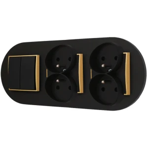 Włącznik podwójny i dwa gniazda podwójne z ramką okrągłą seria MINI kolor czarny złoty