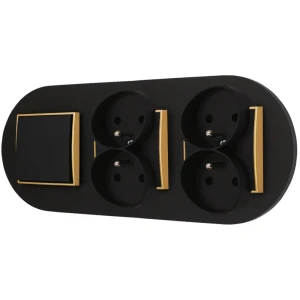 Włącznik pojedynczy i dwa gniazda podwójne z ramką okrągłą seria MINI kolor czarny złoty