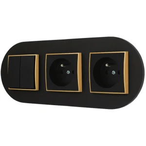 Włącznik podwójny i dwa gniazda pojedyncze z ramką okrągłą seria MINI kolor czarny złoty