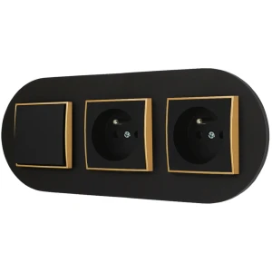 Włącznik pojedynczy i dwa gniazda pojedyncze z ramką okrągłą seria MINI kolor czarny złoty