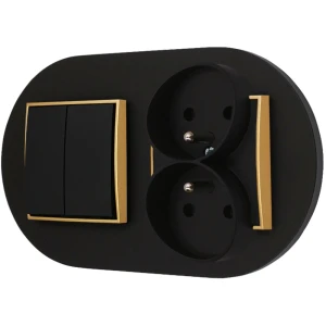 Włącznik podwójny z gniazdem podwójnym z ramką okrągłą seria MINI kolor czarny złoty