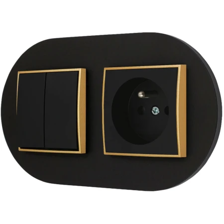 Włącznik podwójny z gniazdem pojedynczym z ramką okrągłą seria MINI kolor czarny złoty