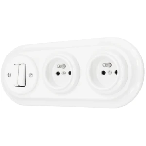 Włącznik podwójny i dwa gniazda pojedyncze retro ceramika z ramką biały styl loft