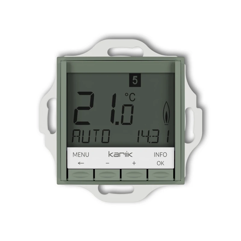 Karlik Seria Mini Mechanizm uniwersalnego elektronicznego tygodniowego regulatora temperatury (podświetlenie białe) kolor szałwiowy symbol 61MRT-3.1