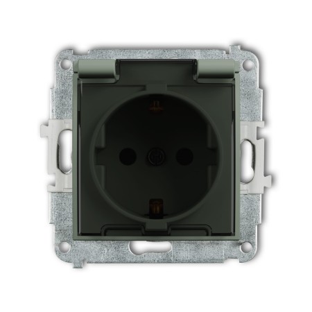 Karlik Seria Mini Mechanizm gniazda bryzgoszczelnego z uziemieniem SCHUKO 2P+Z (klapka dymna, przesłony torów prądowych) kolor szałwiowy symbol 61MGPB-1sdp