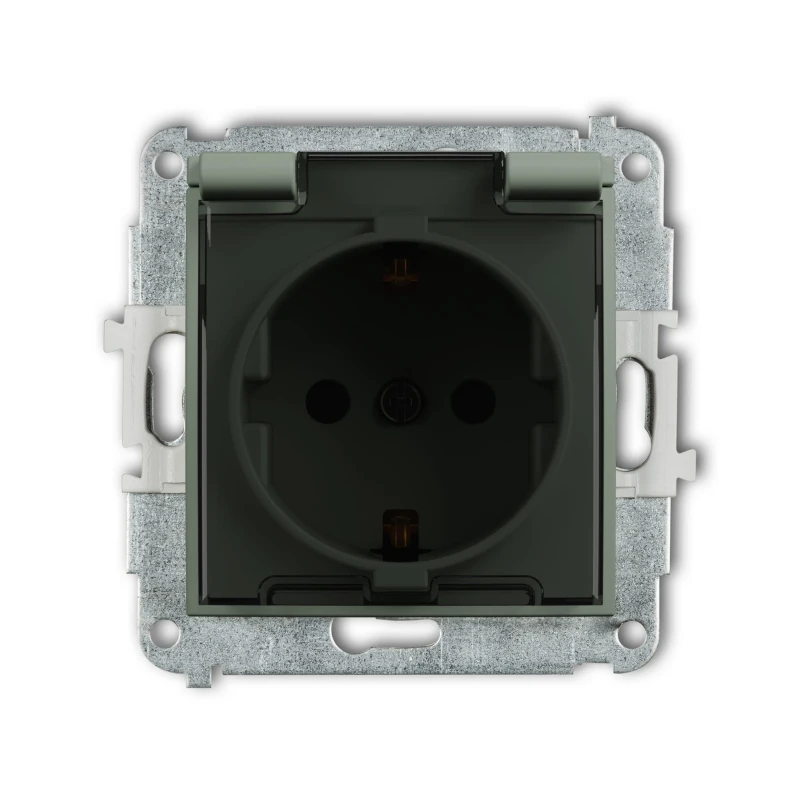 Karlik Seria Mini Mechanizm gniazda bryzgoszczelnego z uziemieniem SCHUKO 2P+Z (klapka dymna, przesłony torów prądowych) kolor szałwiowy symbol 61MGPB-1sdp