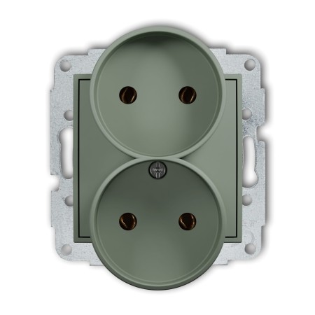 Karlik Seria Mini Mechanizm gniazda podwójnego do ramki bez uziemienia 2x2P (bez przesłon torów prądowych) kolor szałwiowy symbol 61MGPR-2