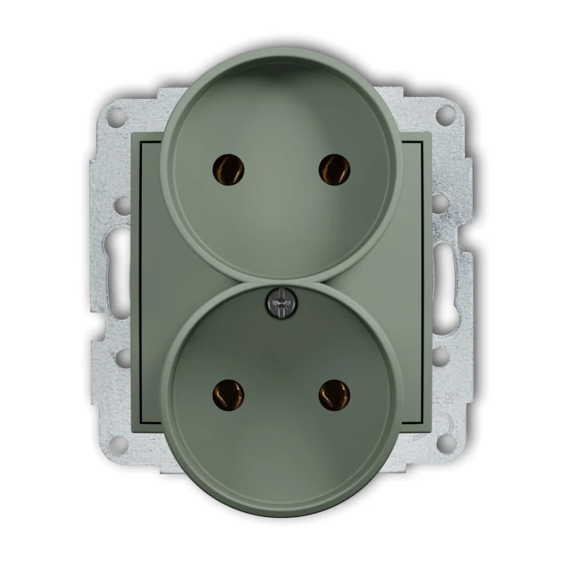 Karlik Seria Mini Mechanizm gniazda podwójnego do ramki bez uziemienia 2x2P (bez przesłon torów prądowych) kolor szałwiowy symbol 61MGPR-2