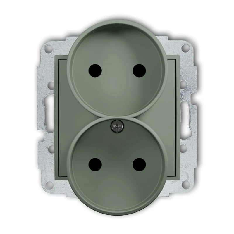 Karlik Seria Mini Mechanizm gniazda podwójnego do ramki bez uziemienia 2x2P (przesłony torów prądowych) kolor szałwiowy symbol 61MGPR-2p