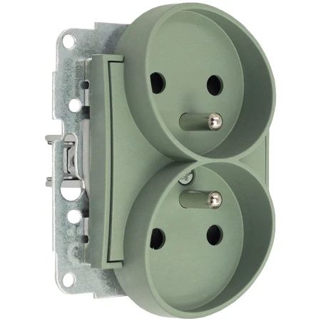 Karlik Seria Mini Mechanizm gniazda podwójnego do ramki z uziemieniem 2x(2P+Z) (bez przesłon torów prądowych) kolor szałwiowy symbol 61MGPR-2z