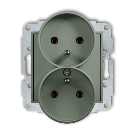 Karlik Seria Mini Mechanizm gniazda podwójnego do ramki z uziemieniem 2x(2P+Z) (bez przesłon torów prądowych) kolor szałwiowy symbol 61MGPR-2z