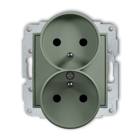 Karlik Seria Mini Mechanizm gniazda podwójnego do ramki z uziemieniem 2x(2P+Z) (przesłony torów prądowych) kolor szałwiowy symbol 61MGPR-2zp