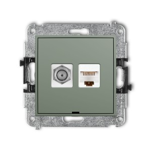Karlik Seria Mini Mechanizm gniazda antenowego poj. typu F (SAT) + gniazda komp. poj. 1xRJ45, kat. 5e, 8-stykowy, bez pola opisowego kolor szałwiowy symbol 61MGFKBO-1
