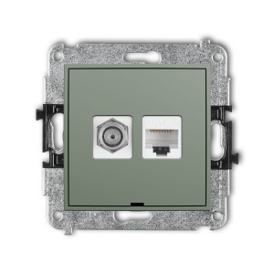 Karlik Seria Mini Mechanizm gniazda antenowego poj. typu F (SAT) + gniazda komp. poj. 1xRJ45, kat. 6, 8-stykowy, bez pola opisowego kolor szałwiowy symbol 61MGFKBO-3