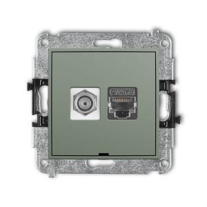 Karlik Seria Mini Mechanizm gniazda antenowego poj. typu F (SAT) + gniazda komp. poj. 1xRJ45, kat. 6 ekranowany, 8-stykowy, bez pola opisowego kolor szałwiowy symbol 61MGFKBO-5