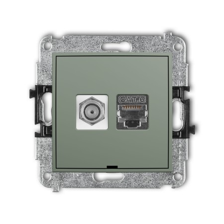 Karlik Seria Mini Mechanizm gniazda antenowego poj. typu F (SAT) + gniazda komp. poj. 1xRJ45, kat. 6 ekranowany, 8-stykowy, bez pola opisowego kolor szałwiowy symbol 61MGFKBO-5