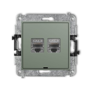 Karlik Seria Mini Mechanizm gniazda komputerowego podwójnego 2xRJ45, kat. 8, ekranowany, 8-stykowy, bez pola opisowego kolor szałwiowy symbol 61MGKBO-12
