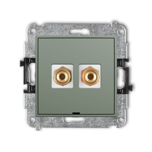 Karlik Seria Mini Mechanizm gniazda głośnikowego pojedynczego, bez pola opisowego (typu banan - czerwony i czarny, pozłacany, 4 mm2, skręcany) kolor szałwiowy symbol 61MGGBO-4