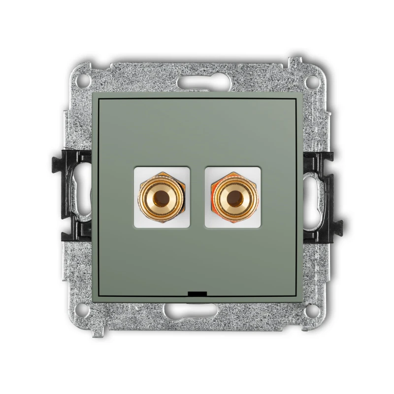 Karlik Seria Mini Mechanizm gniazda głośnikowego pojedynczego, bez pola opisowego (typu banan - czerwony i czarny, pozłacany, 4 mm2, skręcany) kolor szałwiowy symbol 61MGGBO-4
