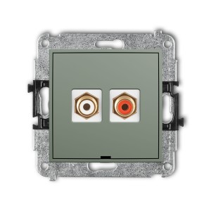 Karlik Seria Mini Mechanizm gniazda podwójnego RCA, bez pola opisowego (typu cinch - biały i czerwony, pozłacany) kolor szałwiowy symbol 61MGRCABO-2