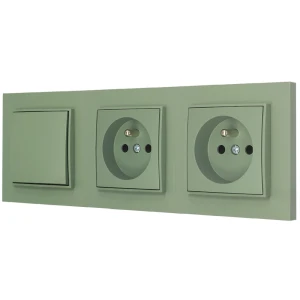 Włącznik pojedynczy i dwa gniazda pojedyncze z ramką prostą seria MINI kolor szałwiowy