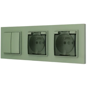 Włącznik podwójny i dwa gniazda hermetyczne z ramką prostą seria MINI kolor szałwiowy