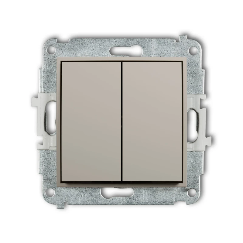 Karlik Seria Mini Mechanizm łącznika jednobiegunowego ze schodowym (dwa klawisze bez piktogramów, osobne zasilanie) kolor taupe symbol 60MWP-10.21