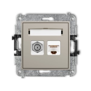 Karlik Seria Mini Mechanizm gniazda antenowego poj. typu F (SAT) + gniazda komp. poj. 1xRJ45, kat. 5e, 8-stykowy kolor taupe symbol 60MGFK-1