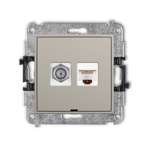Karlik Seria Mini Mechanizm gniazda antenowego poj. typu F (SAT) + gniazda komp. poj. 1xRJ45, kat. 5e, 8-stykowy, bez pola opisowego kolor taupe symbol 60MGFKBO-1
