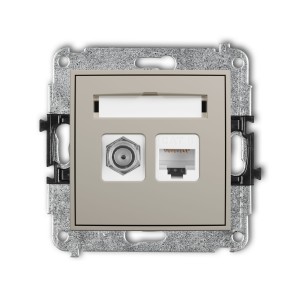 Karlik Seria Mini Mechanizm gniazda antenowego poj. typu F (SAT) + gniazda komp. poj. 1xRJ45, kat. 6, 8-stykowy kolor taupe symbol 60MGFK-3
