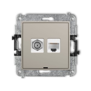 Karlik Seria Mini Mechanizm gniazda antenowego poj. typu F (SAT) + gniazda komp. poj. 1xRJ45, kat. 6, 8-stykowy, bez pola opisowego kolor taupe symbol 60MGFKBO-3