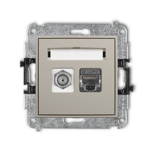 Karlik Seria Mini Mechanizm gniazda antenowego poj. typu F (SAT) + gniazda komp. poj. 1xRJ45, kat. 6 ekranowany, 8-stykowy kolor taupe symbol 60MGFK-5