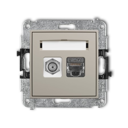 Karlik Seria Mini Mechanizm gniazda antenowego poj. typu F (SAT) + gniazda komp. poj. 1xRJ45, kat. 6 ekranowany, 8-stykowy kolor taupe symbol 60MGFK-5
