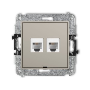 Karlik Seria Mini Mechanizm gniazda telefonicznego podwójnego 2xRJ11, 4-stykowy, beznarzędziowe, bez pola opisowego kolor taupe symbol 60MGTBO-2