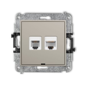 Karlik Seria Mini Mechanizm gniazda telefonicznego pojedynczego 1xRJ11 + komputerowego pojedynczego 1xRJ45, kat. 5e, 8-stykowy, beznarzędziowe, bez pola opisowego kolor taupe symbol 60MGTKBO