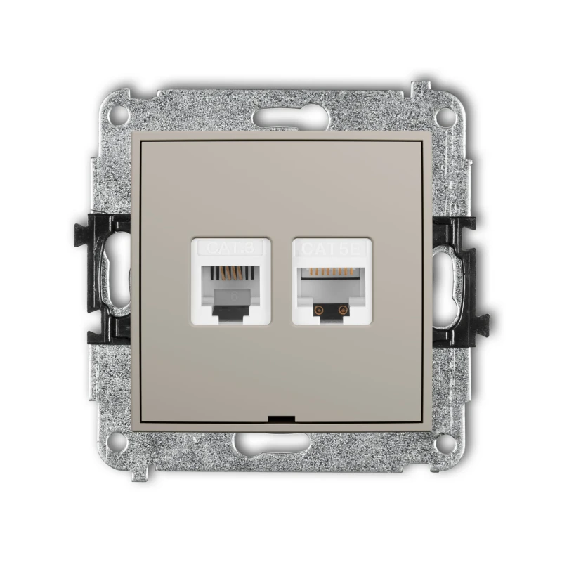 Karlik Seria Mini Mechanizm gniazda telefonicznego pojedynczego 1xRJ11 + komputerowego pojedynczego 1xRJ45, kat. 5e, 8-stykowy, beznarzędziowe, bez pola opisowego kolor taupe symbol 60MGTKBO