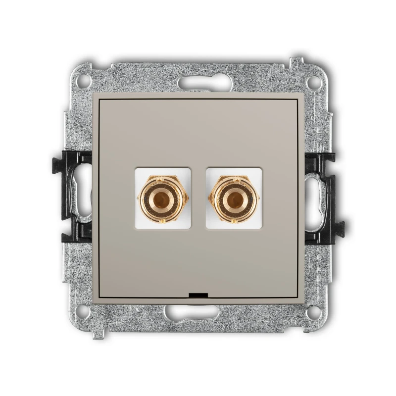 Karlik Seria Mini Mechanizm gniazda głośnikowego pojedynczego, bez pola opisowego (typu banan - czerwony i czarny, pozłacany, 4 mm2, do lutowania) kolor taupe symbol 60MGGBO-3