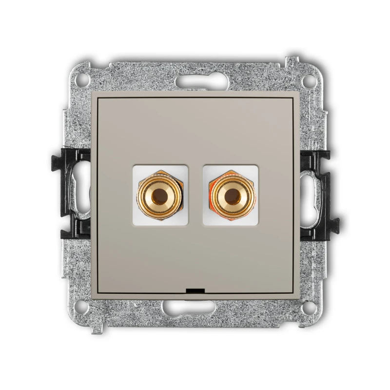 Karlik Seria Mini Mechanizm gniazda głośnikowego pojedynczego, bez pola opisowego (typu banan - czerwony i czarny, pozłacany, 4 mm2, skręcany) kolor taupe symbol 60MGGBO-4