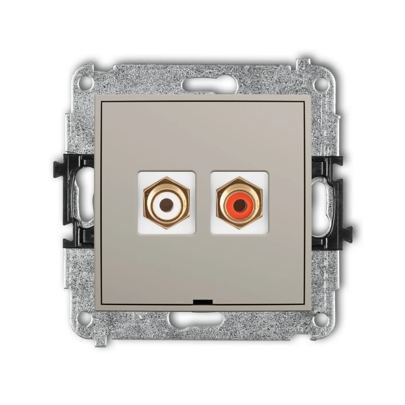 Karlik Seria Mini Mechanizm gniazda podwójnego RCA, bez pola opisowego (typu cinch - biały i czerwony, pozłacany) kolor taupe symbol 60MGRCABO-2