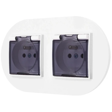 Dwa gniazda hermetyczne do łazienki z ramką okrągłą seria MINI kolor biały mat