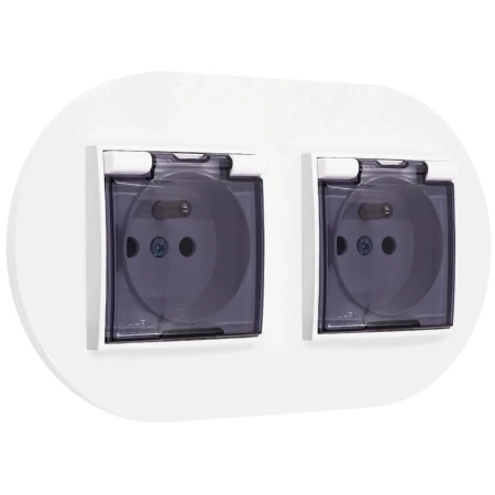 Dwa gniazda hermetyczne do łazienki z ramką okrągłą seria MINI kolor biały mat