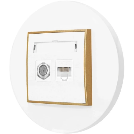 Gniazdo rj45/antenowe z ramką okrągłą seria MINI kolor biały mat/złoty
