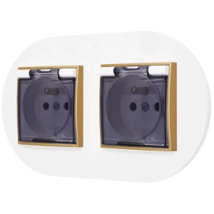 Dwa gniazda hermetyczne do łazienki z ramką okrągłą seria MINI kolor biały mat/złoty