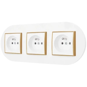 Trzy gniazda pojedyncze z ramką okrągłą seria MINI kolor biały mat/złoty