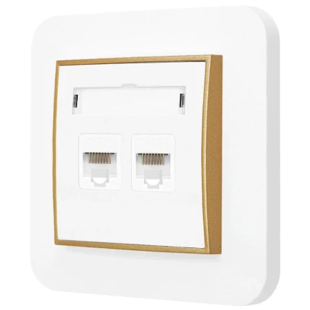 Gniazdo internetowe rj45 2x z ramką zaokrągloną seria MINI kolor biały mat/złoty