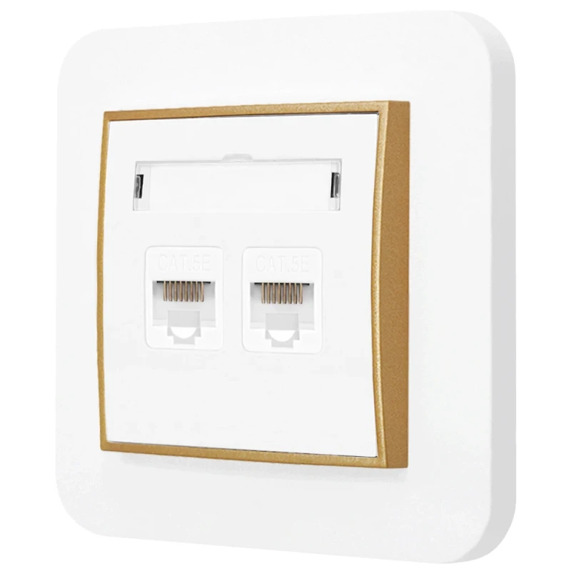 Gniazdo internetowe rj45 2x z ramką zaokrągloną seria MINI kolor biały mat/złoty