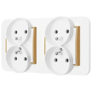Dwa gniazda podwójne z ramką zaokrągloną seria MINI kolor biały mat/złoty