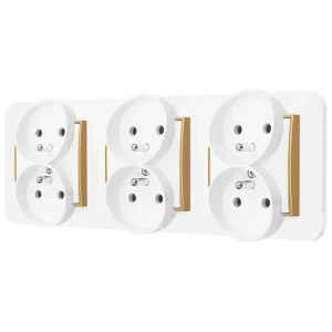 Trzy gniazda podwójne z ramką zaokrągloną seria MINI kolor biały mat/złoty