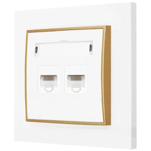 Gniazdo internetowe rj45 2x z ramką prostą seria MINI kolor biały mat/złoty