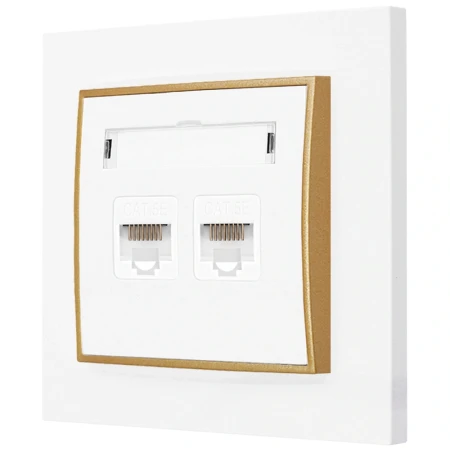 Gniazdo internetowe rj45 2x z ramką prostą seria MINI kolor biały mat/złoty